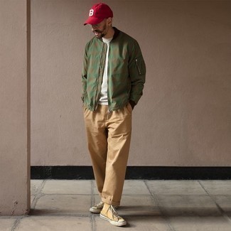 Men's Mustard Canvas High Top Sneakers, Khaki Chinos, White Crew-neck T-shirt, Olive Bomber Jacket