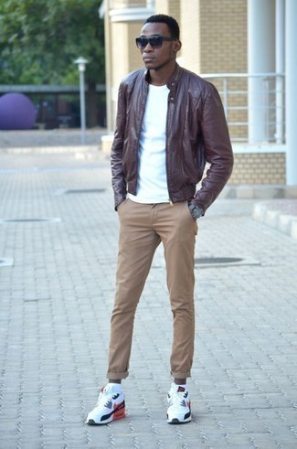 White Crew-neck T-shirt with Burgundy Leather Bomber Jacket Outfits For Men: 