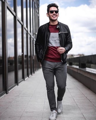 Men's Grey Canvas Low Top Sneakers, Charcoal Chinos, Burgundy Print Crew-neck T-shirt, Black Leather Bomber Jacket
