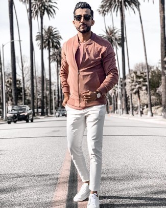 Pink Bomber Jacket Outfits For Men: 