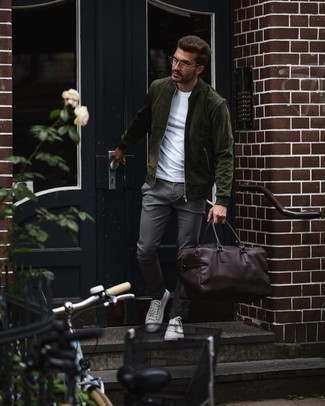 Dark Green Suede Bomber Jacket Outfits For Men: 