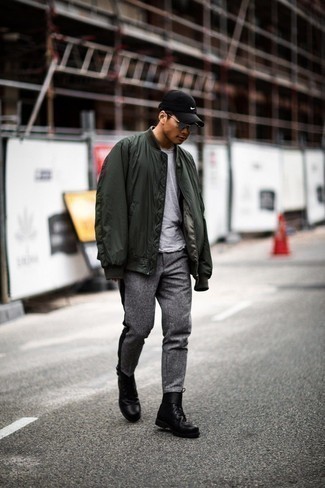 Men's Black Leather Casual Boots, Grey Wool Chinos, Grey Crew-neck T-shirt, Dark Green Bomber Jacket