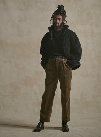 Black Fleece Bomber Jacket Outfits For Men: 