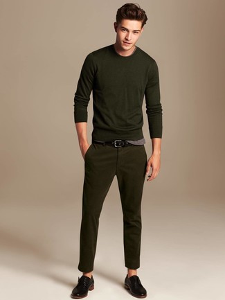 Men's Black Leather Derby Shoes, Olive Chinos, Grey Crew-neck T-shirt, Olive Crew-neck Sweater
