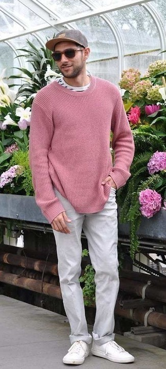 Pink Crew-neck Sweater Outfits For Men: 
