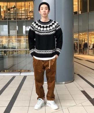 Black and White Fair Isle Crew-neck Sweater Outfits For Men: 