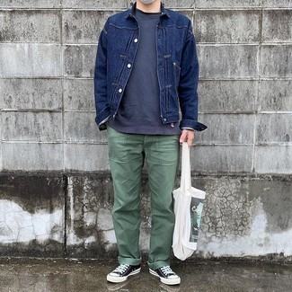 Men's Black and White Canvas Low Top Sneakers, Green Chinos, Navy Crew-neck T-shirt, Navy Denim Jacket