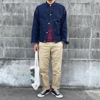 Men's Black and White Canvas Low Top Sneakers, Khaki Chinos, Red and Navy Horizontal Striped Crew-neck T-shirt, Navy Denim Jacket