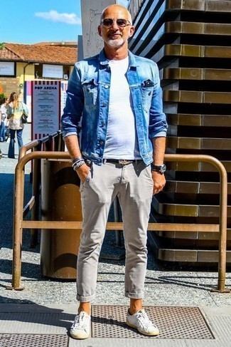Men's White Leather Low Top Sneakers, Grey Chinos, White Crew-neck T-shirt, Blue Denim Jacket