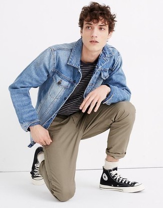 Men's Black and White Canvas High Top Sneakers, Brown Chinos, Black and White Horizontal Striped Crew-neck T-shirt, Blue Denim Jacket