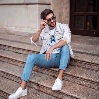 Men's White Canvas Low Top Sneakers, Light Blue Chinos, White and Navy Print Crew-neck T-shirt, White Denim Jacket