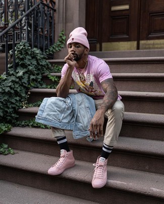 Pink Canvas High Top Sneakers Outfits For Men: 