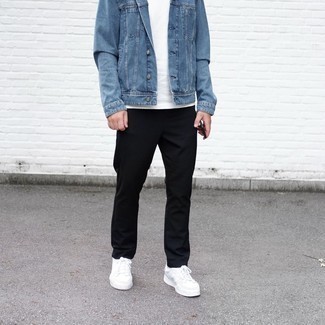 Men's White Leather Low Top Sneakers, Black Chinos, White Crew-neck T-shirt, Blue Denim Jacket