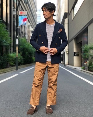 Men's Brown Suede Loafers, Khaki Chinos, White Horizontal Striped Crew-neck T-shirt, Navy Double Breasted Blazer