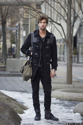 Charcoal Leather Casual Boots Outfits For Men: 