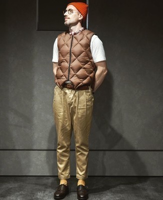 Men's Dark Brown Leather Brogues, Khaki Chinos, White Crew-neck T-shirt, Brown Quilted Gilet