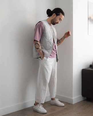 Light Violet Crew-neck T-shirt Outfits For Men: 
