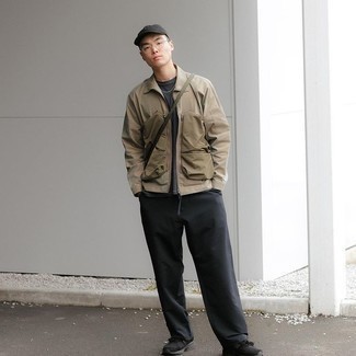 Tan Harrington Jacket with Black Chinos Outfits: 