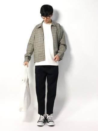 Men's Black and White Canvas Low Top Sneakers, Black Chinos, White Crew-neck T-shirt, Grey Check Harrington Jacket