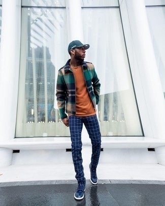 Men's Navy Leather High Top Sneakers, Navy Check Chinos, Tobacco Crew-neck T-shirt, Navy Plaid Harrington Jacket