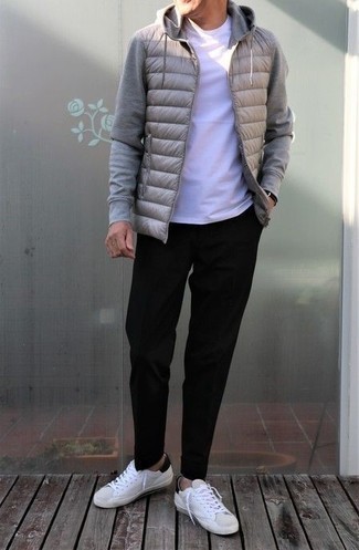 Grey Quilted Hoodie Outfits For Men: 