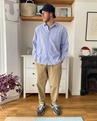Men's Navy and White Athletic Shoes, Khaki Chinos, Beige Crew-neck T-shirt, Light Blue Vertical Striped Long Sleeve Shirt