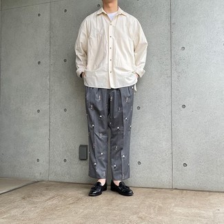 Charcoal Embroidered Chinos Outfits: 