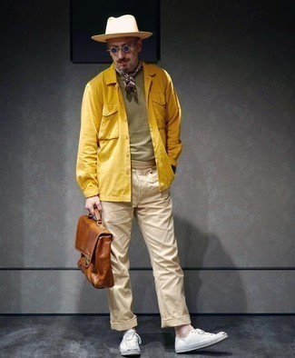 Mustard Long Sleeve Shirt Outfits For Men: 