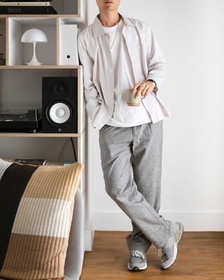 White Long Sleeve Shirt with Grey Chinos Outfits: 