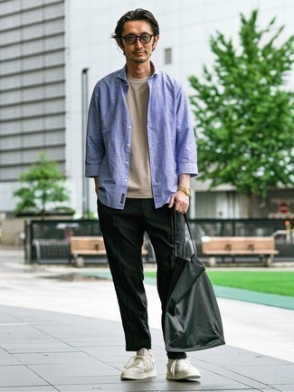 Dark Green Leather Tote Bag Outfits For Men: 