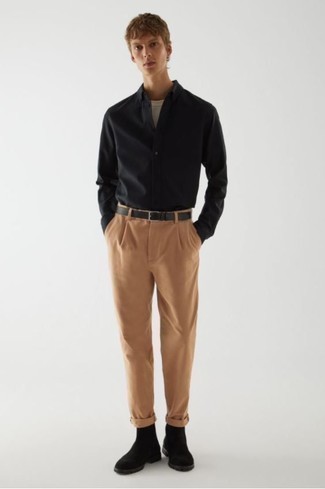 Black Long Sleeve Shirt Spring Outfits For Men: 