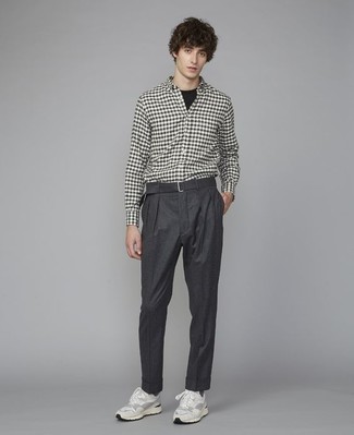 Men's White Athletic Shoes, Charcoal Chinos, Black Crew-neck T-shirt, White and Black Gingham Long Sleeve Shirt
