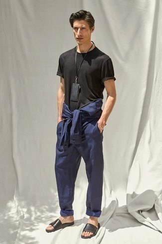 Navy Long Sleeve Shirt Summer Outfits For Men: 