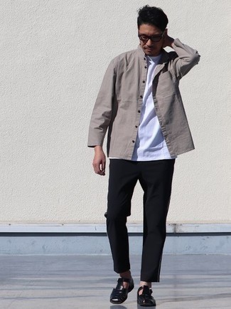Grey Long Sleeve Shirt Outfits For Men: 