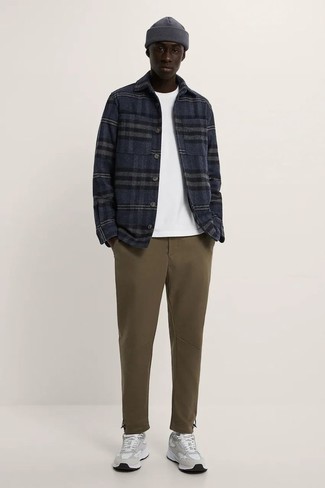 Men's Grey Athletic Shoes, Brown Chinos, White Crew-neck T-shirt, Navy Plaid Wool Long Sleeve Shirt