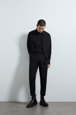 Men's Black Leather Casual Boots, Black Chinos, Black Crew-neck T-shirt, Black Long Sleeve Shirt