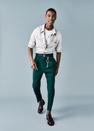 Men's Burgundy Leather Derby Shoes, Dark Green Chinos, White Crew-neck T-shirt, Grey Long Sleeve Shirt