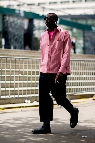 Hot Pink Crew-neck T-shirt Outfits For Men: 