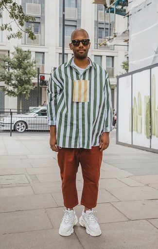 White and Green Vertical Striped Long Sleeve Shirt Outfits For Men: 