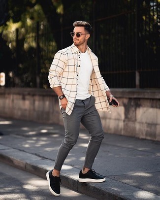 Men's Black Leather Low Top Sneakers, Charcoal Chinos, White Crew-neck T-shirt, Beige Check Long Sleeve Shirt