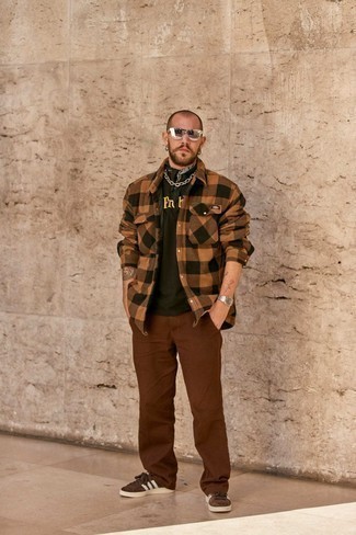 Brown Flannel Long Sleeve Shirt Outfits For Men: 
