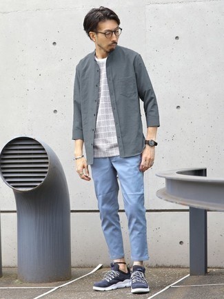 Men's Navy and White Athletic Shoes, Light Blue Chinos, Grey Check Crew-neck T-shirt, Grey Long Sleeve Shirt