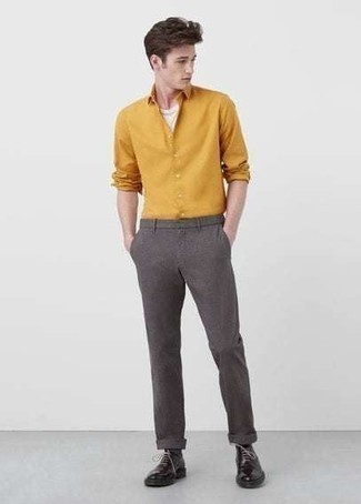 Yellow Long Sleeve Shirt with Chinos Outfits: 