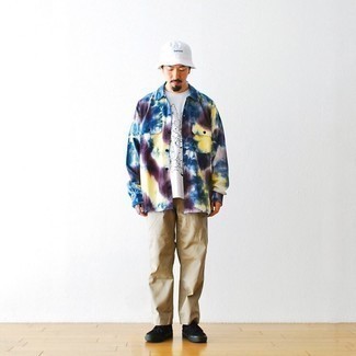 Multi colored Tie-Dye Long Sleeve Shirt Outfits For Men: 