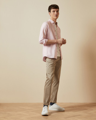 Men's White Leather Low Top Sneakers, Khaki Chinos, Beige Crew-neck T-shirt, Pink Long Sleeve Shirt