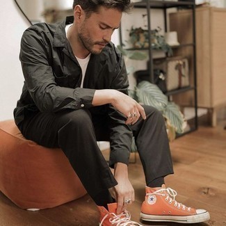 Orange Canvas High Top Sneakers Outfits For Men: 