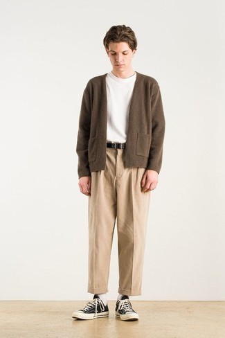 Men's Black and White Canvas Low Top Sneakers, Khaki Chinos, White Crew-neck T-shirt, Brown Open Cardigan