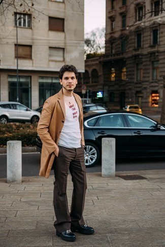 Men's Black Leather Work Boots, Dark Brown Chinos, White Embroidered Crew-neck T-shirt, Camel Overcoat