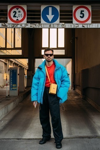 Aquamarine Puffer Jacket Outfits For Men: 