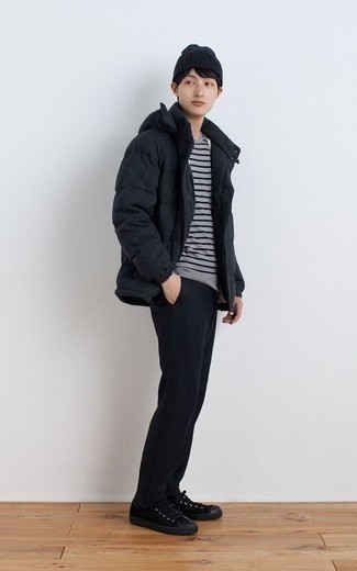 Men's Black Canvas Low Top Sneakers, Black Chinos, Grey Horizontal Striped Crew-neck T-shirt, Charcoal Puffer Jacket